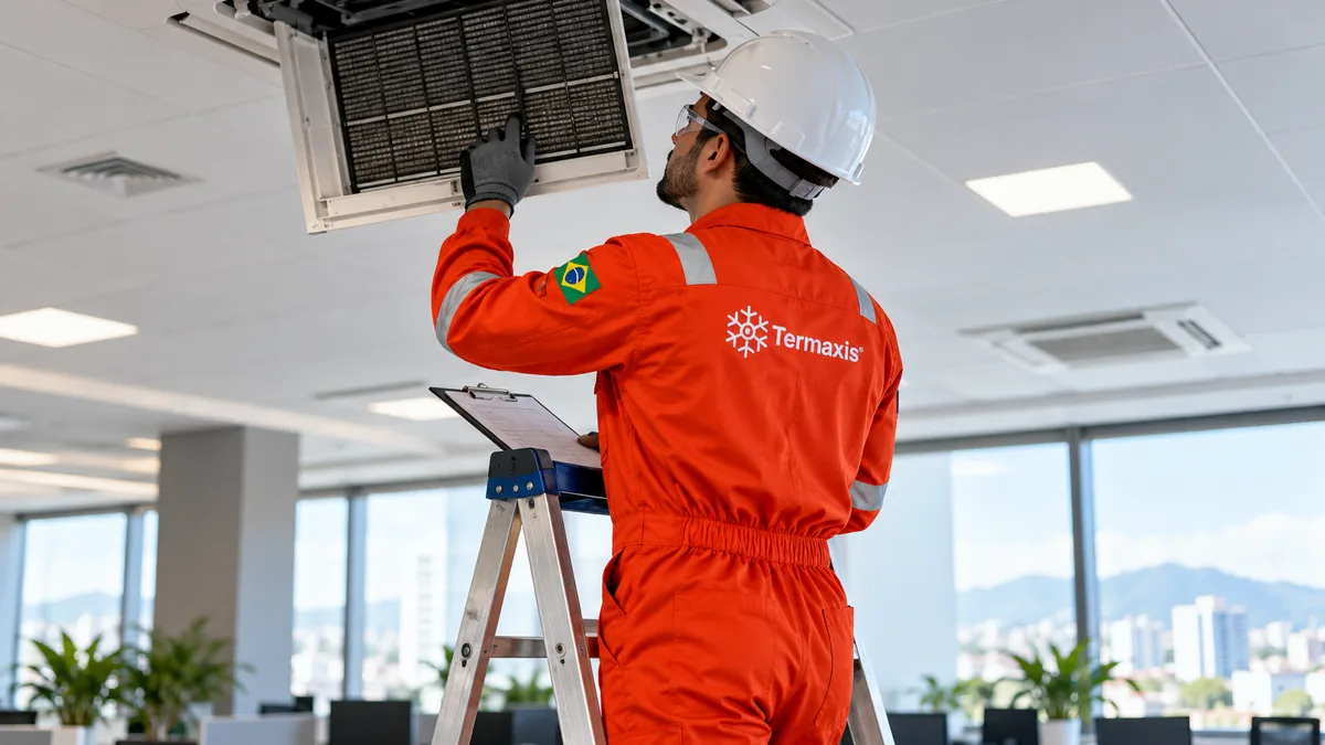 Técnico da Termaxis confere o filtro de um ar-condicionado tipo cassete num escritório