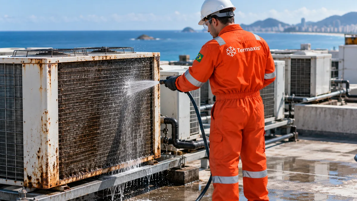Técnico da Termaxis lava com mangueira uma condensadora enferrujada no terraço de um prédio de frente para o mar