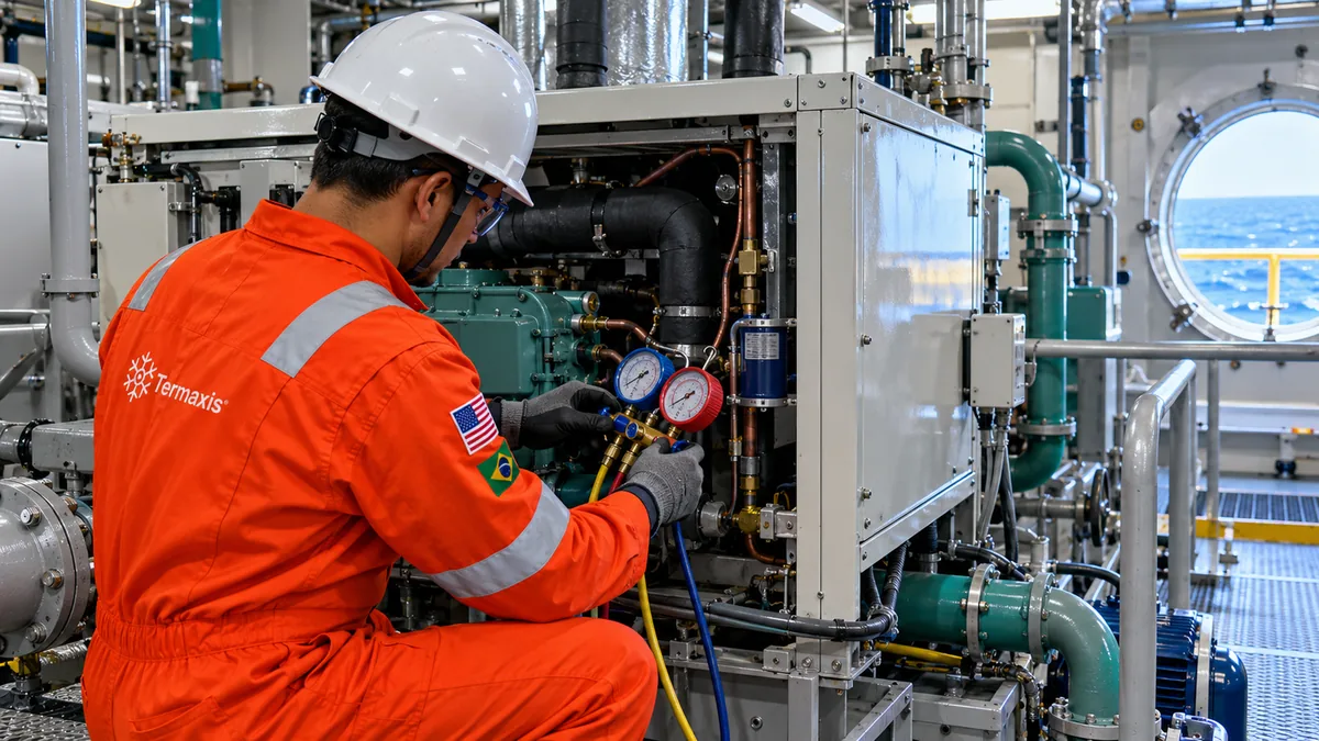 Técnico da Termaxis, de capacete branco, luvas e macacão laranja, mede com um manifold as pressões de uma unidade de refrigeração num compartimento técnico de embarcação, com o mar visto pela vigia