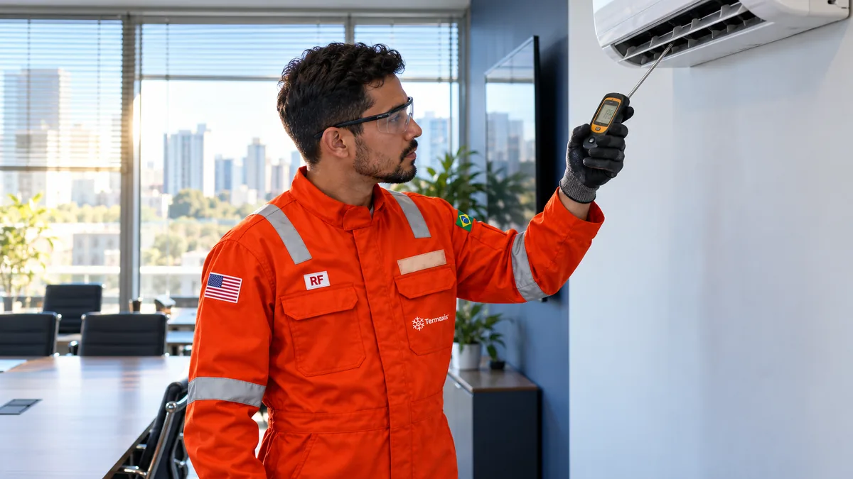 Técnico da Termaxis, de macacão laranja, óculos de proteção e luvas, mede com um termômetro digital o ar que sai de um ar-condicionado de parede numa sala de reunião