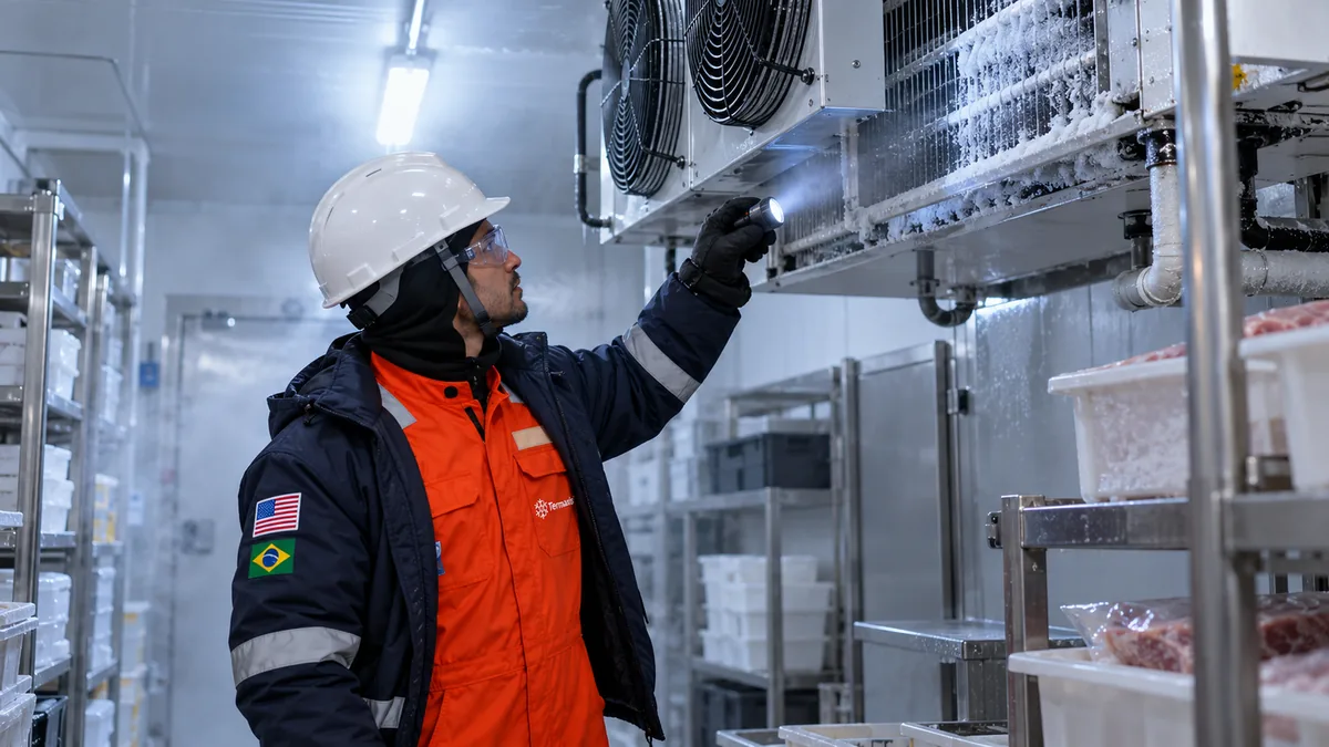 Técnico da Termaxis, de capacete, óculos, touca e jaqueta térmica sobre o macacão laranja, ilumina com uma lanterna o evaporador coberto de gelo de uma câmara fria, entre prateleiras de inox com caixas e carne embalada