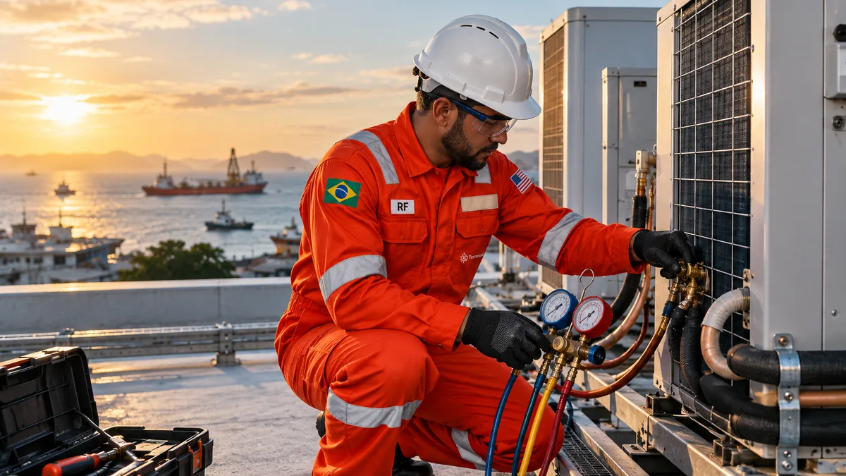Técnico da Termaxis, de capacete branco, óculos, luvas e macacão laranja, ajoelhado na cobertura de um prédio, mede com um manifold as pressões de uma condensadora, com o mar e embarcações ao pôr do sol ao fundo