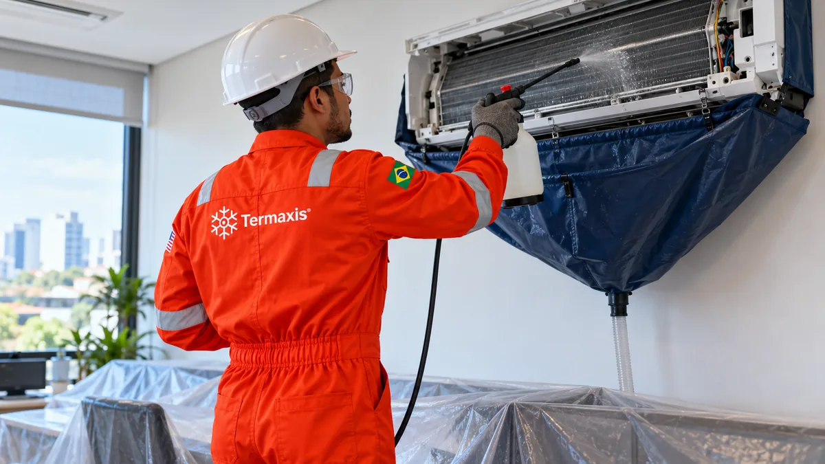 Técnico da Termaxis, de capacete, óculos de proteção, luvas e macacão laranja, borrifa produto na serpentina de um ar-condicionado de parede aberto, com uma bolsa coletora azul embaixo e os móveis do escritório cobertos com plástico