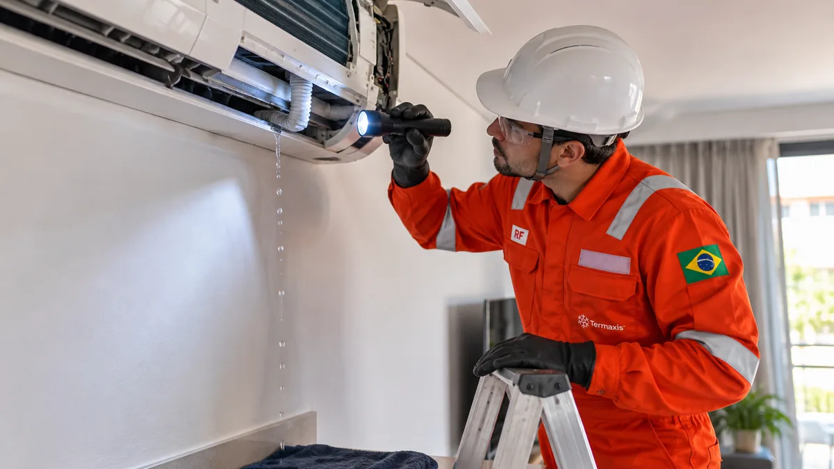 Técnico da Termaxis, de capacete branco, óculos de proteção, luvas e macacão laranja, sobe numa escada e ilumina com uma lanterna um ar-condicionado de parede aberto, de onde pinga água sobre uma toalha estendida no móvel embaixo
